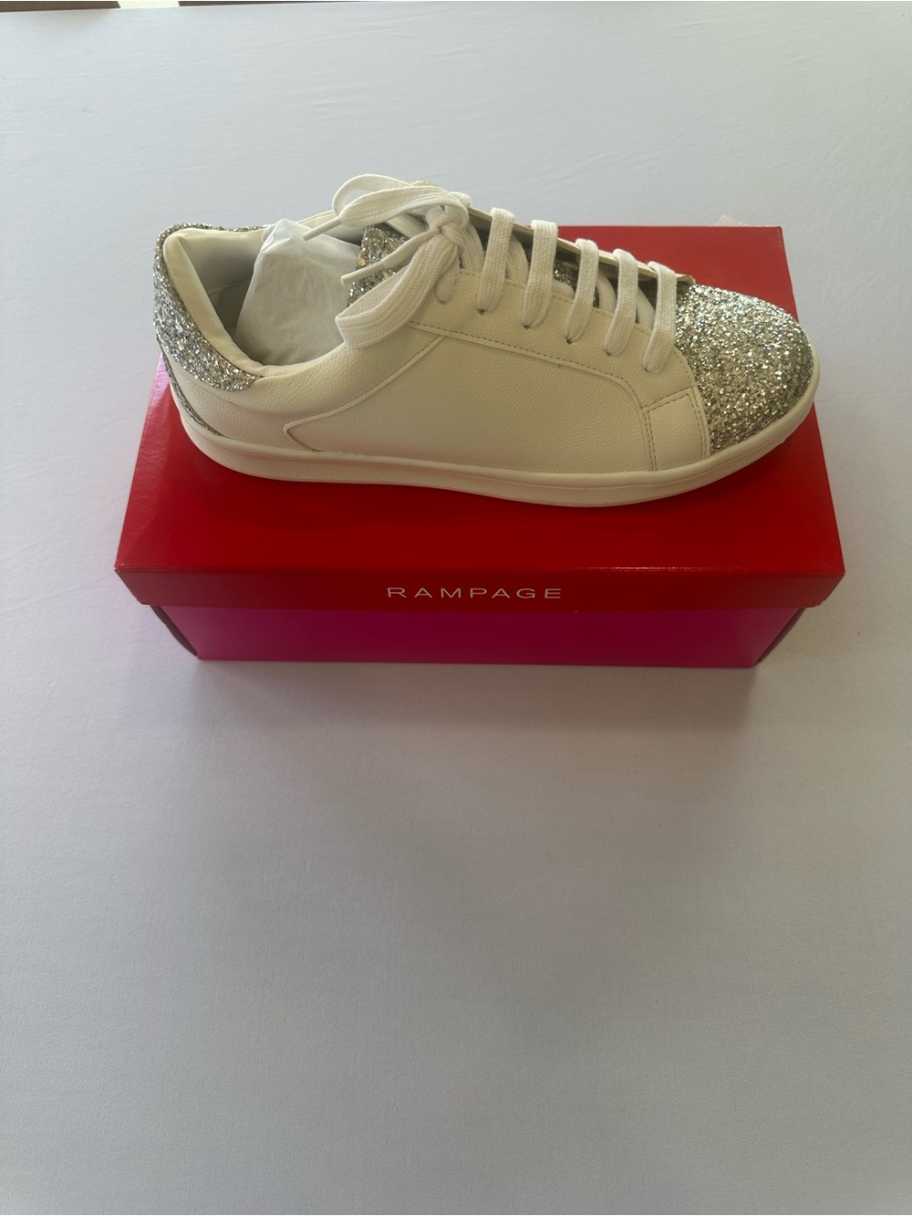 New Rampage White lace Up Sneakers with Silver Glitter Toe and Heel Size 9m